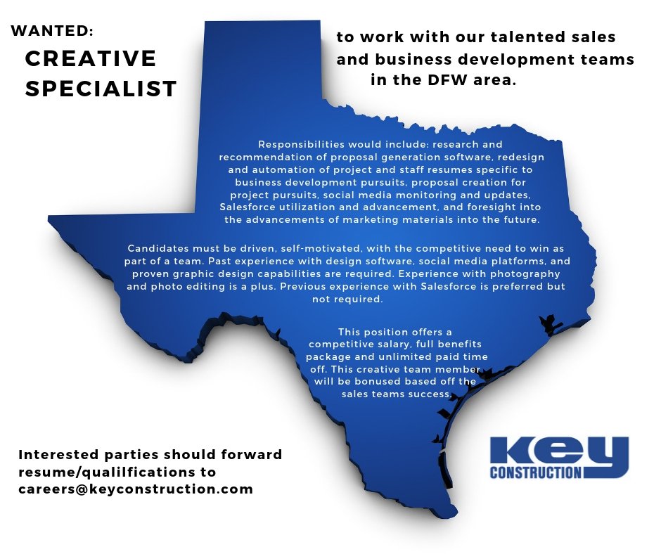 keyconstruction's tweet photo. Creative Specialist position open in our DFW office....please share! #keyrocks https://t.co/wcniaIjq1I