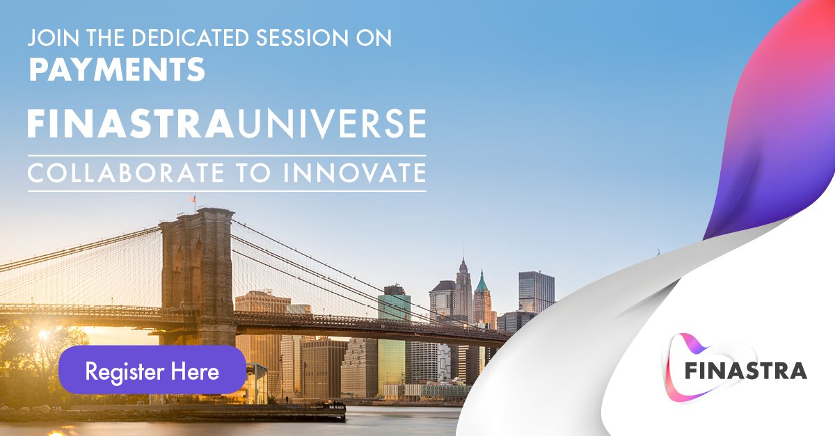 FinastraFS's tweet photo. Curious about #digital #transformation driving #innovation in payments at #FinastraUniverse NYC? Hear industry thought leaders across the #payments ecosystem discuss the latest trends! Register today. https://t.co/Wt9j36D8nF https://t.co/dWmgDhoELr
