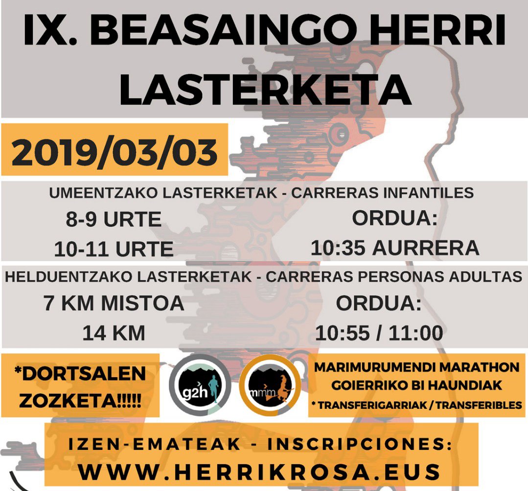 lasterketak's tweet photo. ⚠️ #Azkoitia-#Azpeitia erdi maratoia prestatzen ari zara?
📆 IGANDE honetan, 14 Km-ko TEST bikaina #Beasain-en!
☀️ IX. BEASAINGO HERRI LASTERKETA. ANIMATU!
👉 https://t.co/tUnd8aQyVv 
🎁 Eta gainera lortu @EhunmilakG2 egiteko DORTSALA! https://t.co/dF3Ja3uvMP