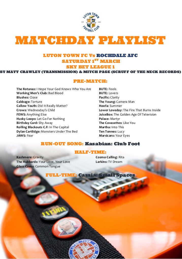 Here is tomorrow’s Official <a href="/LutonTown/">Luton Town FC</a> Matchday Playlist. #NewMusic from <a href="/TheRotanas/">The Rotanas</a> <a href="/blushesband/">Blushes</a> <a href="/Callow_Youth/">Callow Youth</a> <a href="/__CROWS/">CROWS</a> <a href="/HuskyLoops/">Husky Loops</a> <a href="/birthdaycardx/">𝑩𝑰𝑹𝑻𝑯𝑫𝑨𝒀 𝑪𝑨𝑹𝑫</a> <a href="/DylanCartlidge/">Dylan Cartlidge</a> <a href="/JAWSJAWSJAWSSS/">JAWS</a> <a href="/buteweare/">BUTE</a> <a href="/youngbanduk/">The Young</a> <a href="/hoofaband/">Hoofa</a> <a href="/lower_loveday/">LOWER LOVEDAY</a> <a href="/TheCovasettes/">The Covasettes 🐄</a> <a href="/ten_tonnes/">Ten Tonnes</a> <a href="/rollingbcf/">Rolling Blackouts C.F</a> 

#coyh 🧡