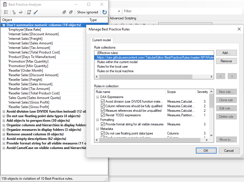 DOtykier's tweet photo. #TabularEditor has a brand new Best Practice UI that makes it much easier to manage rules, regardless of whether they are defined within your model metadata, on a local file or even through a URL: https://t.co/yHRWHVRwBK You don't want to miss this! #DAX #SSAS #Tabular https://t.co/AzrsNmX9kB