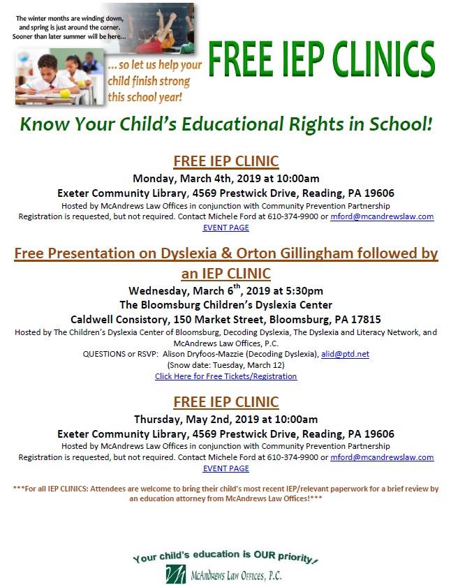 LDAofPA's tweet photo. If you live near Philadelphia, please check out these great IEP clinics that can help you understand how best to advocate for your child or students. These events are hosted by McAndrews Law Offices, P.C. https://t.co/6GG2WxHzkU