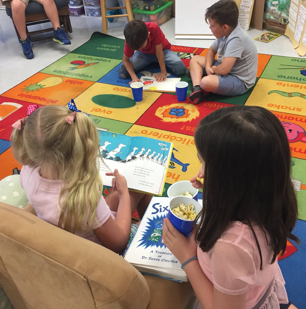 MrsBerlatsky's tweet photo. Celebrating Read Across America with a Dr Seuss read-a-thon, 3 100-Book Challenge winners, and Green Eggs and Ham for lunch! Bonus: popcorn for perfect attendance! #peacelovefirst #VikingVoyage19 #ReadAcrossAmericaDay https://t.co/vycBEzv8hC