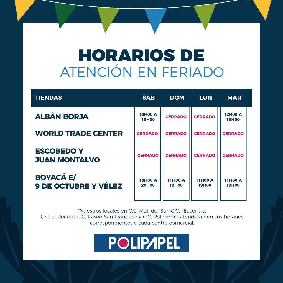 Polipapel_ec's tweet photo. Te dejamos nuestros horarios de atención en este #FeriadoDeCarnaval 😉 https://t.co/1cmkufIrQs