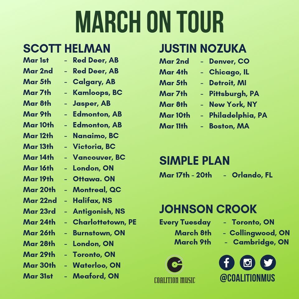 CoalitionMUS's tweet image. Check out our artists on tour this month! Follow them at @theteapartyband @theproudsons @nicehorsemusic @mylescastello @ScottHelman @justinnozuka @simpleplan @JohnsonCrook ✔︎