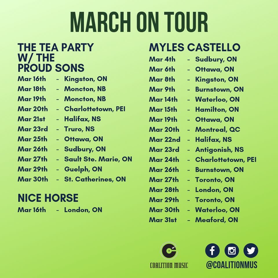 CoalitionMUS's tweet image. Check out our artists on tour this month! Follow them at @theteapartyband @theproudsons @nicehorsemusic @mylescastello @ScottHelman @justinnozuka @simpleplan @JohnsonCrook ✔︎