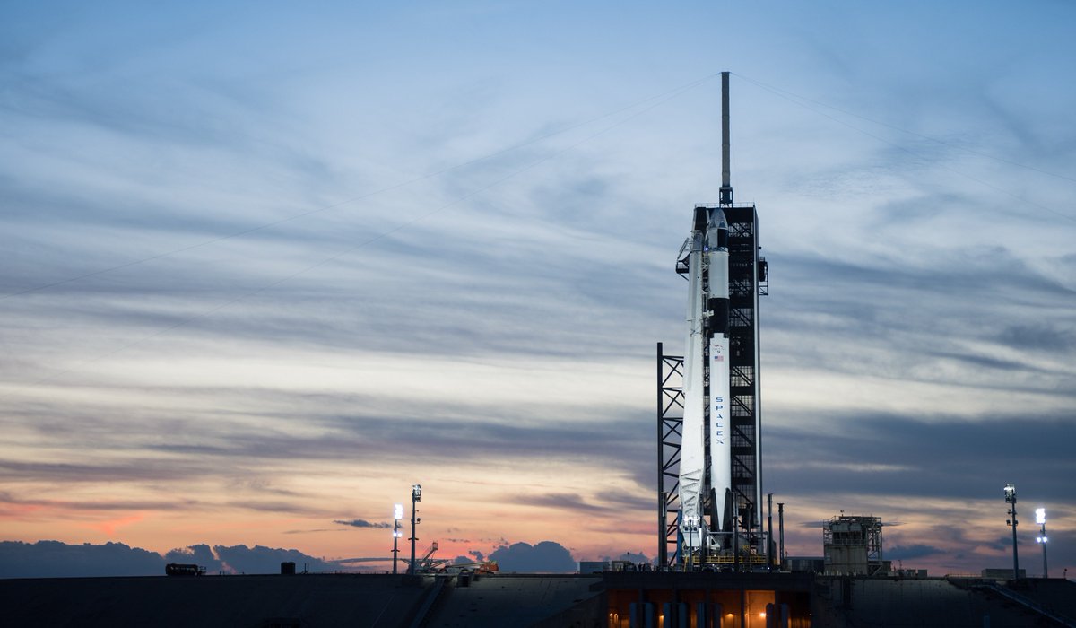 The <a href="/SpaceX/">SpaceX</a> #CrewDragon spacecraft is vertical and set for a 2:49am ET Saturday launch to space station from <a href="/NASAKennedy/">NASA's Kennedy Space Center</a> in Florida. It will be the first launch in history for a commercially-built and operated American crew spacecraft and rocket. Watch: nasa.gov/live