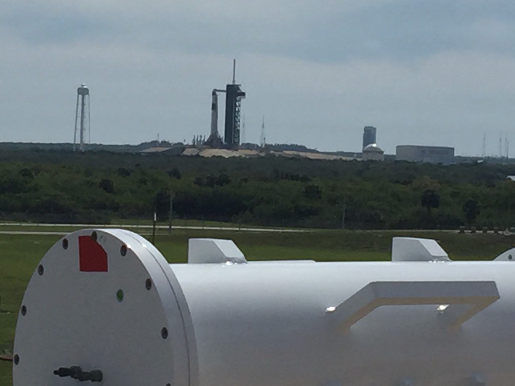 keplerconf's tweet photo. At launch pad 39B looking over to launch pad 39A where the Spacex #Crewdragon  awaits launch early Saturday morning. https://t.co/QfTNGedoE8