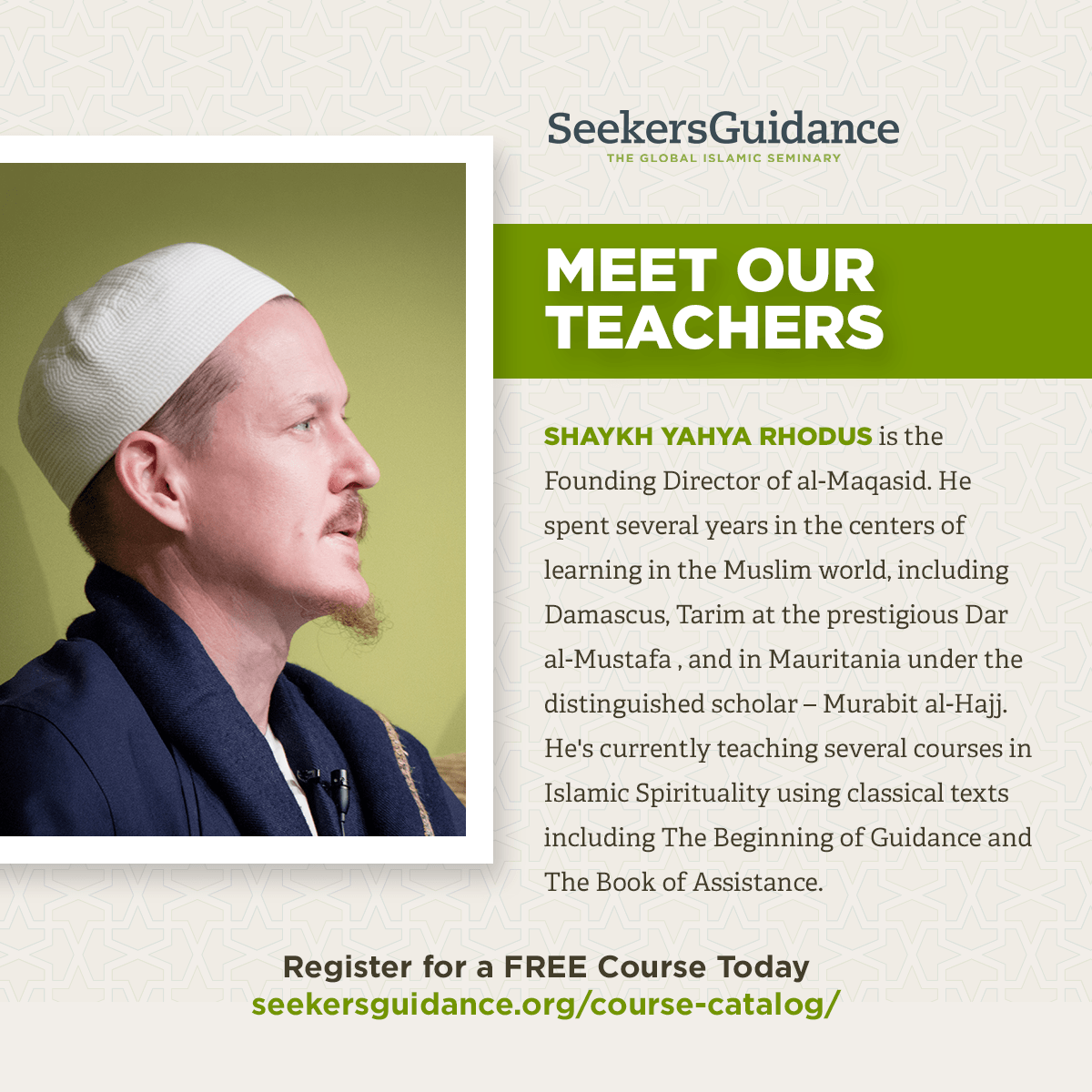 SeekersGuidance's tweet image. Checkout the courses offered by Shaykh @YahyaRhodus this term:

Ghazali’s Beginning of Guidance - seeke.rs/bog1
Haddad’s Book of Assistance - seeke.rs/boa1
Ghazali’s Minhaj al-‘Abideen - seeke.rs/minhaj

Late registrations for #TermOne are still open!