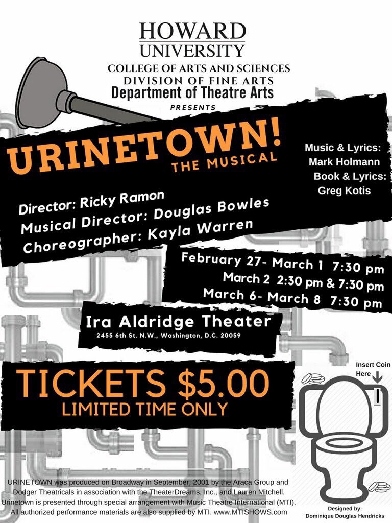 hu_wake's tweet photo. Tickets to Urinetown are only $5 today! Go support your talented fellow Bison and buy a ticket at the Ira Aldridge theatre. https://t.co/B6wPhsZU6S