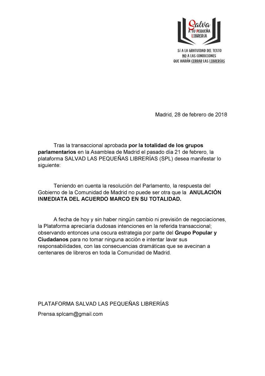 DeLibrerias's tweet photo. Desde La Plataforma reiteramos nuestra peticion de anulación del Acuerdo Marco después de que todos los grupos @PPAsamblea @psoe_m @PodemosCMadrid @Cs_Madrid nos diesen la razón votando todos a favor de la PNL presentada en la @asambleamadrid
#librosdetexto #libreros #librerías https://t.co/rlivQ3bmH7