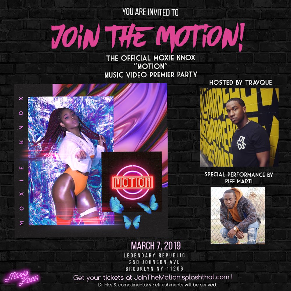 moxieknox's tweet photo. You are officially invited to my βMOTIONβ Music Video Premier Party, hosted by @TravQue! Join us Thursday, March 7th for a night of fun, drinks, comedy, networking, performances & more!
You donβt wanna miss this! Get your tickets NOW at https://t.co/ai9E2cpFyX
#JoinTheMotion https://t.co/aFO7LfC4lZ
