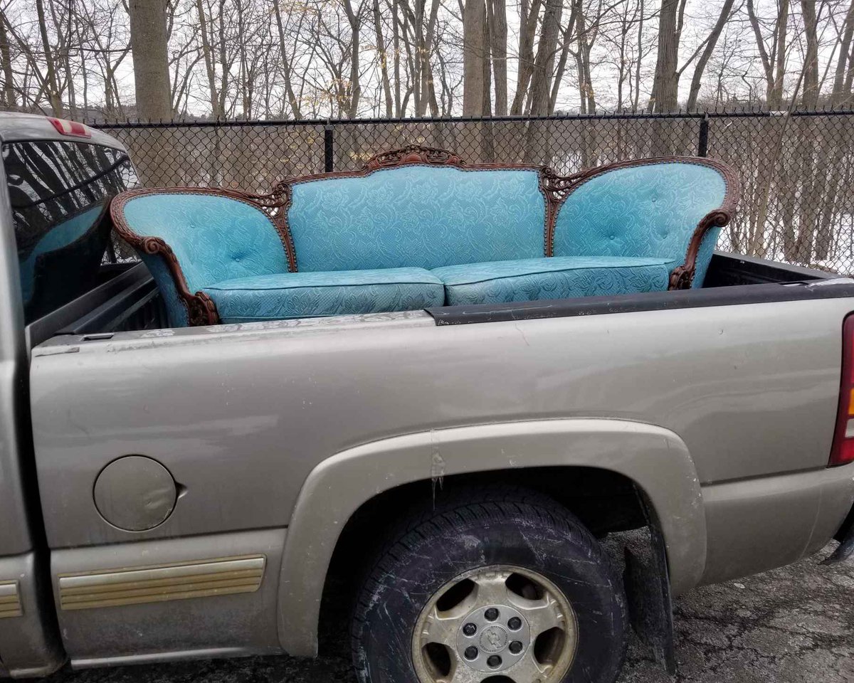 So excited about this beautiful #cerulean sofa we found! #vintagefinds #furniturefinds #antiqueshop #antiquefurniture