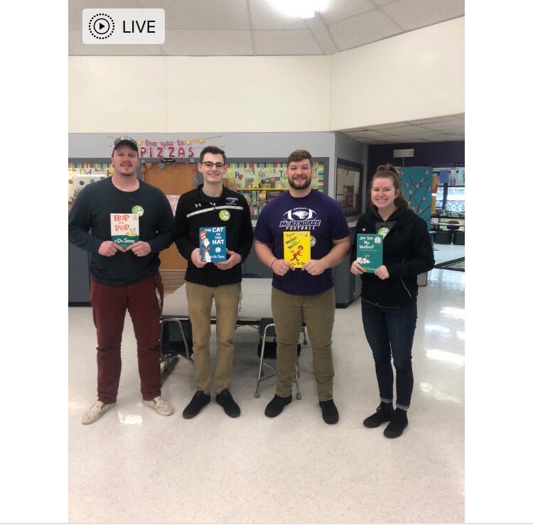 McKendreeSAAC's tweet photo. Second year in a row that we have gone to read to the kindergartners to celebrate at Estelle Kampmeyer on Dr. Seuss Day. Thanks faculty and students. It’s always nice to give back to the community, and hopefully we can extend that streak next year! #BeacratsUnleashed #DrSeussDay https://t.co/N092Hqoudw