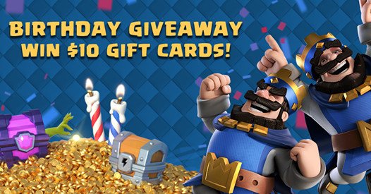 It’s Clash Royale’s B-Day but YOU are getting $10 Gift Cards!!!
👉Subscribe to our YouTube 👉 Retweet this!
Three will win! Register entries here >> bit.ly/CR3Bday