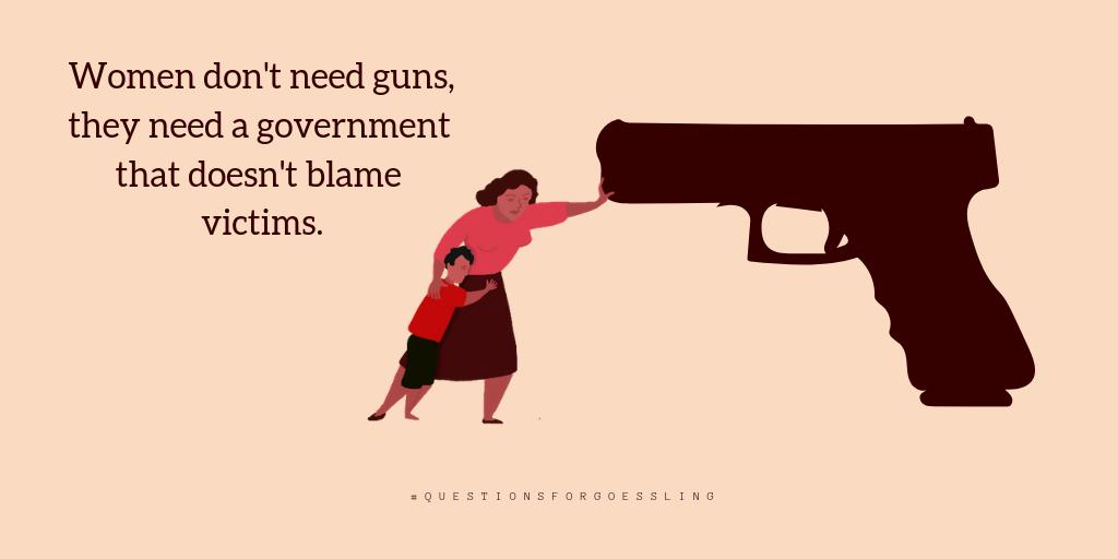 FeministFDN's tweet photo. #OfficeOfViolenceAgainstWomen nominee thinks the answer to ending DV is to expand access to guns. But every credible study shows a gun in a home is way more likely to be used against a victim than to protect one. Tell your Senator to say #NoToGoessling https://t.co/5sC70f8mTJ https://t.co/fzEBJGqu0E