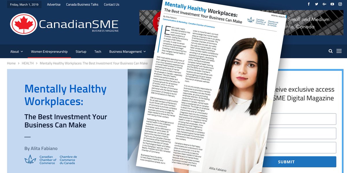 CdnChamberofCom's tweet photo. Read about how working towards a mentally healthy workplace is the best investment your business can make in this month's issue of @canadian_sme, written by our very own @alitafabs. #ChamberCoverage #TeamChamber https://t.co/QNk13yPadB https://t.co/aWIvt3L7x5