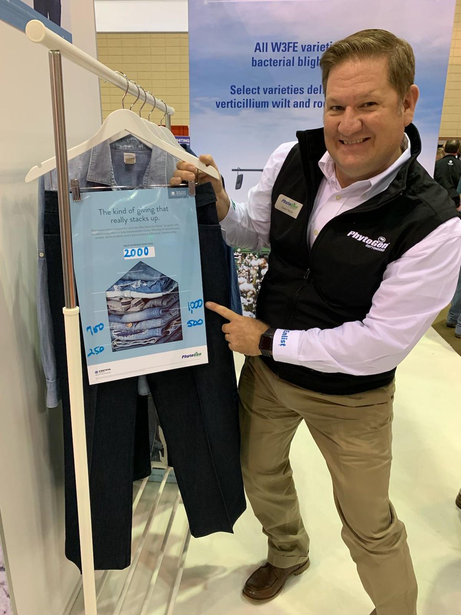 PhytoGenCotton's tweet photo. Thanks to a fantastic donation of over 1,000 pieces of denim by Star City FFA our #BlueJeansGoGreen recycling bin is filling up! If you want to contribute your used denim, stop by the PhytoGen booth. #MSFGS2019 https://t.co/KdqYl1U1PH