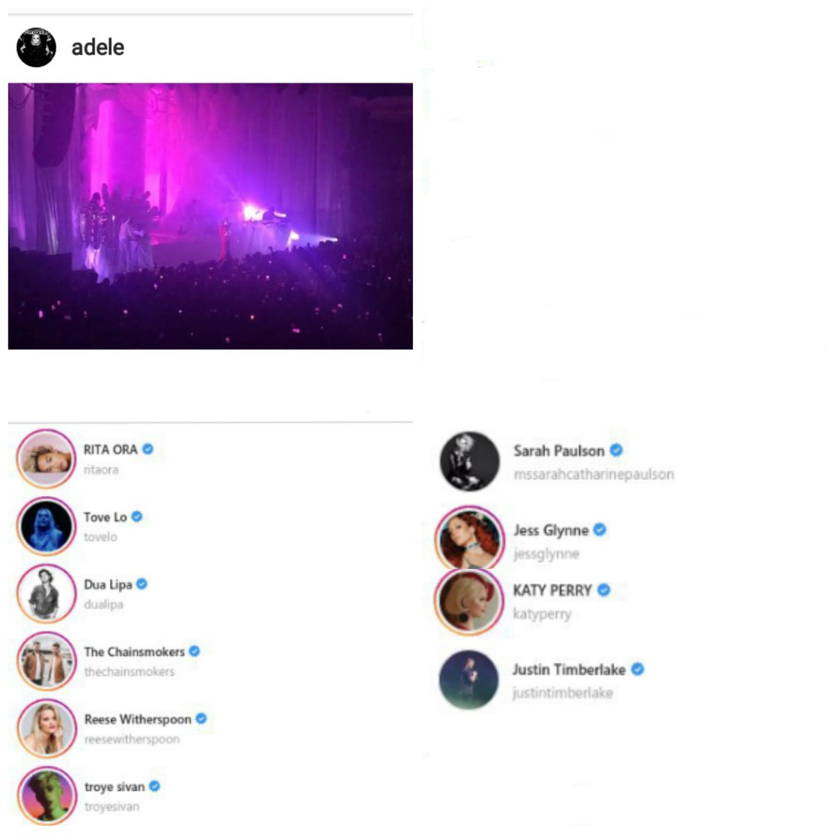 adele_instagram's tweet image. Katy Perry , Sarah Paulson , Jess Glynne , Justin Timberlake , Tove Lo , The Chainsmokers , Dua Lipa , Reese Witherspoon , Troye Sivan &amp;amp; Rita Ora liked Adele's post
Posted on 24/Feb/2019 01:11 a.m UTC