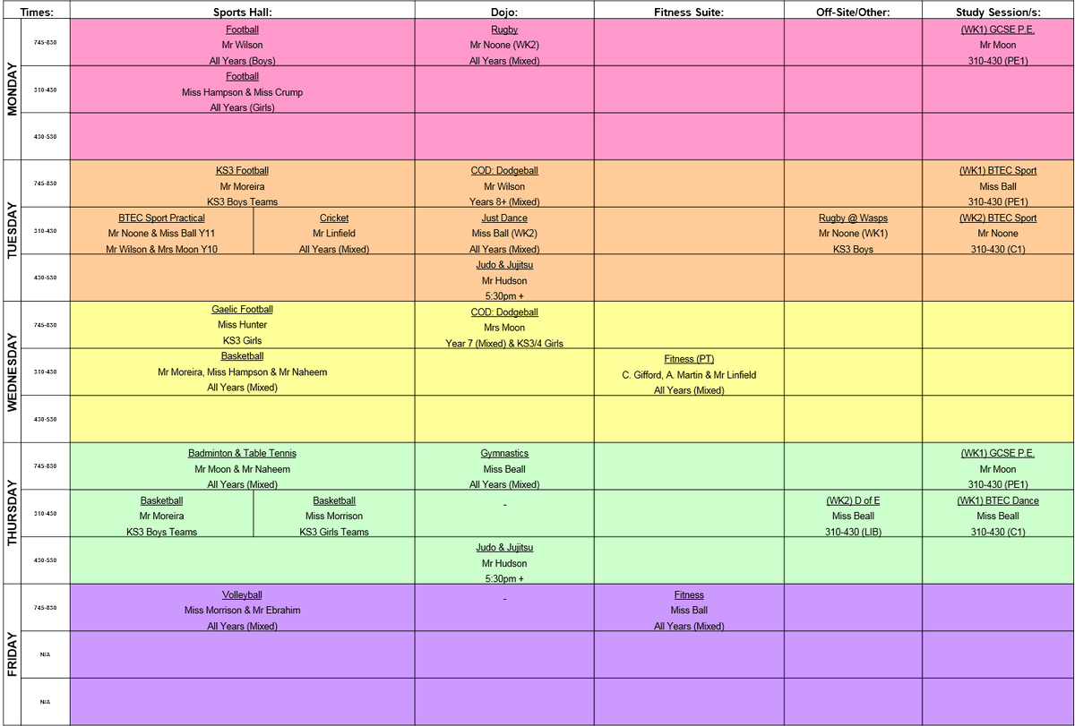 BCPEDepartment's tweet photo. 👀 New P.E. Extra-Curricular Timetable for SPR2 👏 #GetInvolved #ExtraCurricular #20Clubs @BishopChalloner @BCSGO @bc_friends https://t.co/A9okiG97qW