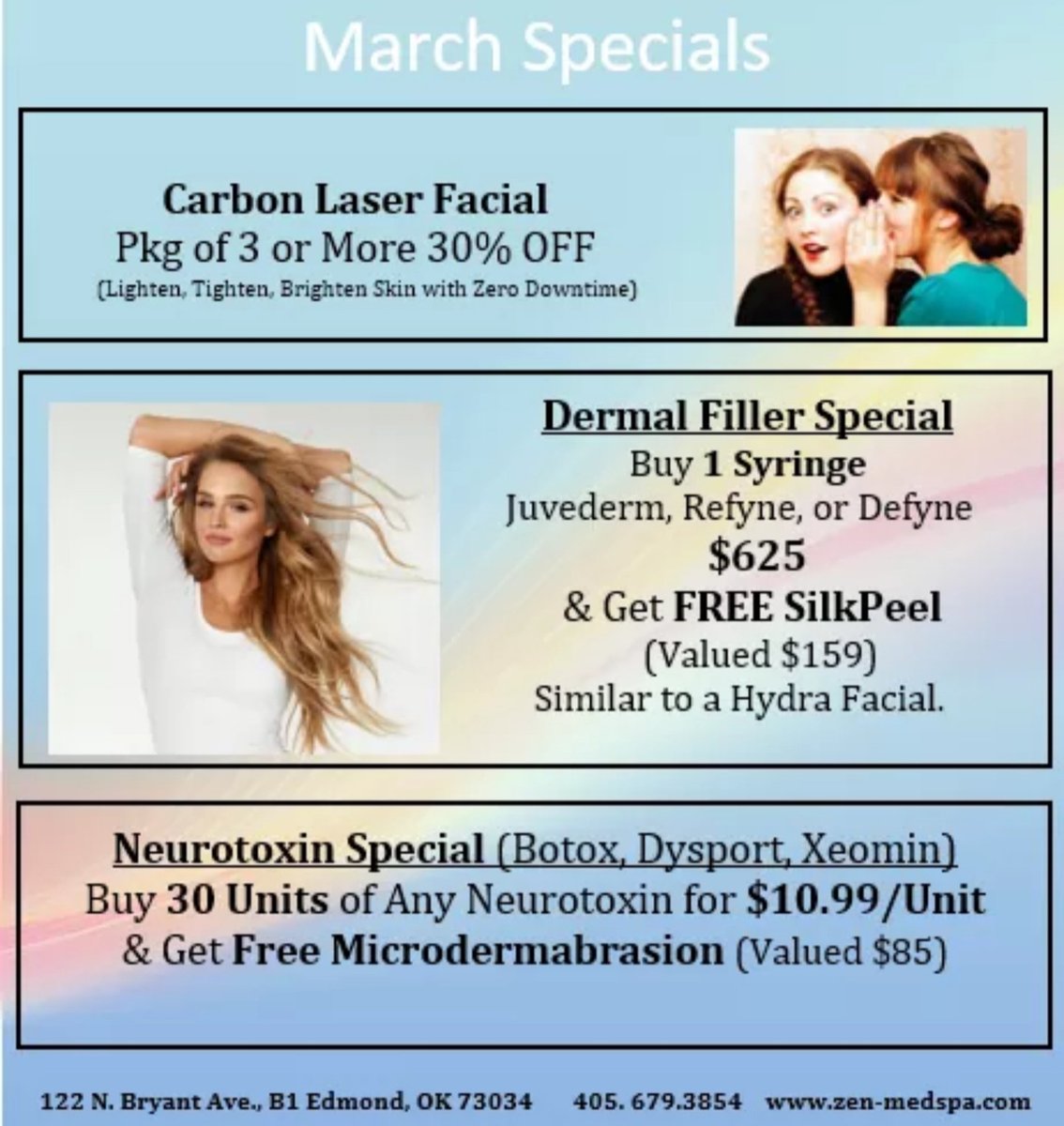 Zen_Aesthetics's tweet photo. March Specials at Zen Aesthetics Medspa! #carbonlaserfacial #botox #dysport #xeomin #neurotoxin #wrinkleeraser #dermalfiller #facialfiller #juvederm #restylanerefyne #restylanedefyne #microdermabrasion #silkpeel https://t.co/puEgn8Vulf