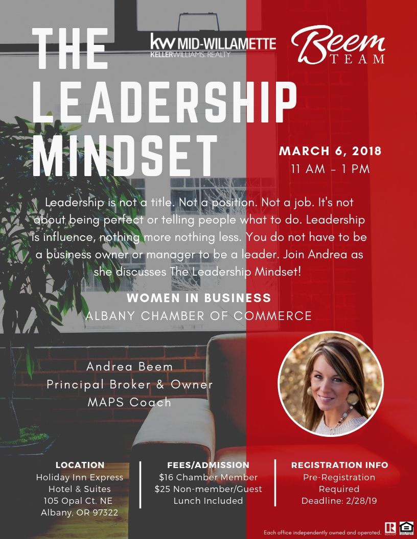 TheBeemTeamLLC's tweet photo. Need a new perspective on leadership? Join Andrea on March 6th from 11am-1pm to learn about how you can apply the leadership mindset to your life and career! We hope to see you there! #TheBeemTeam #KellerWilliams #RealEstate #MidWillamette #CapitalCity #Leadership #Mindset https://t.co/C2Q87U2oap
