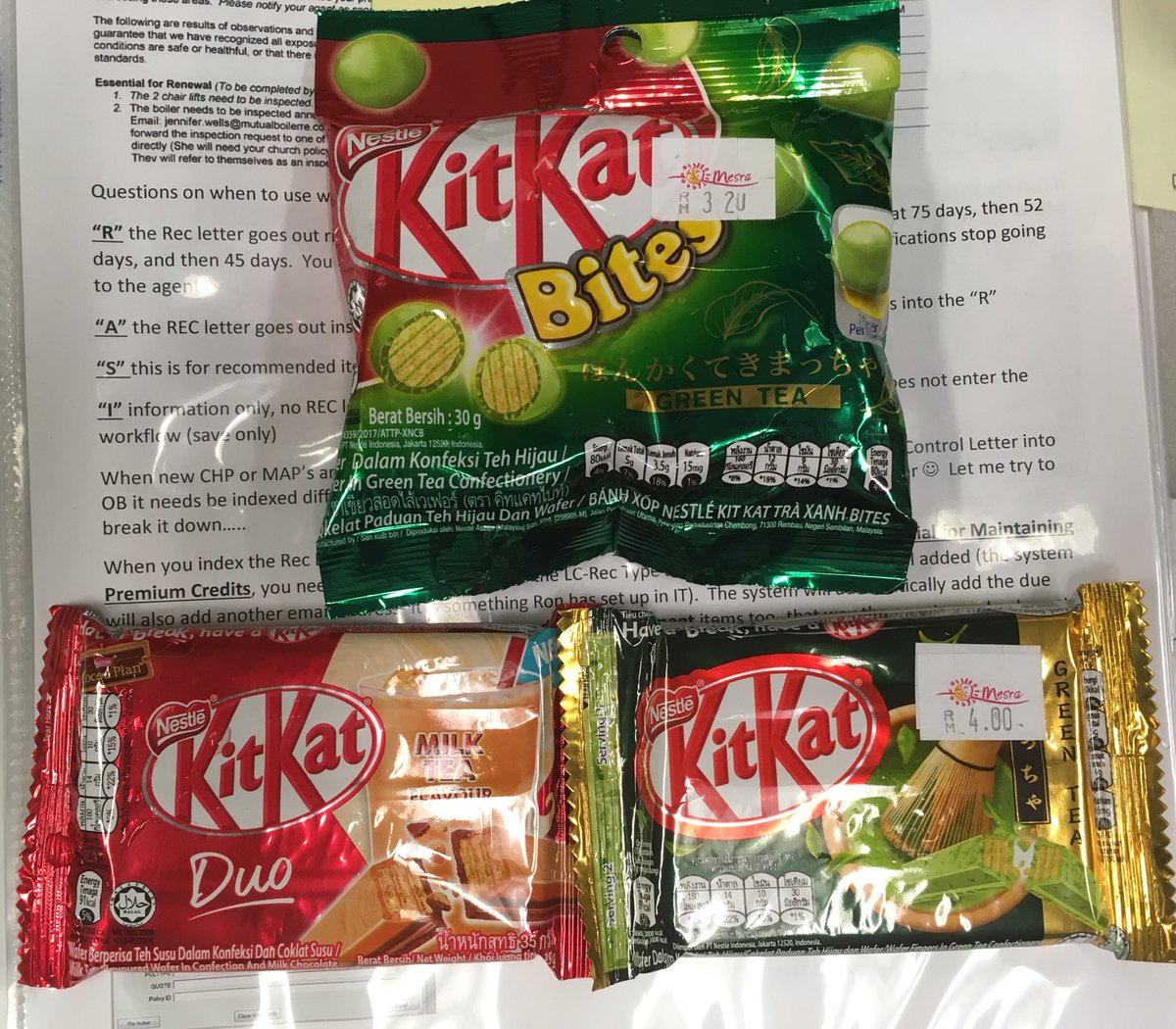 KerrieEKaufmann's tweet photo. #kitkat #teacandy did a taste testing at work with tea Kit Kats! Have to say, not a big fan of green tea Kit Kats..... https://t.co/EH5nefTY20