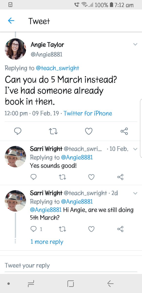 teach_swright's tweet photo. @Angie8881 Hi @Angie8881 I replied on 10th Feb Yes sounds good. But it's okay I'm happy to do it another time. https://t.co/vRei1czJqI