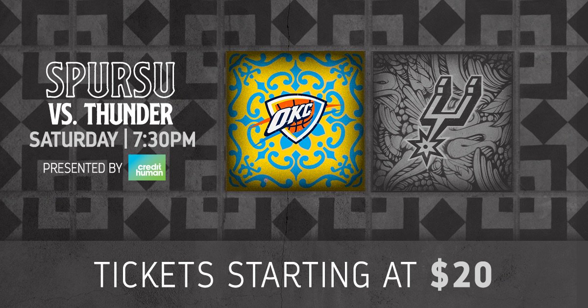 SpursU's tweet photo. SpursU Ticket Alert pres. by Credit Human

Tickets Start at $20 vs. @okcthunder  - Saturday at 7:30

Buy Now: https://t.co/OiCUrQtXft #GoSpursGo⁠ ⁠ https://t.co/uf0IjYjimL