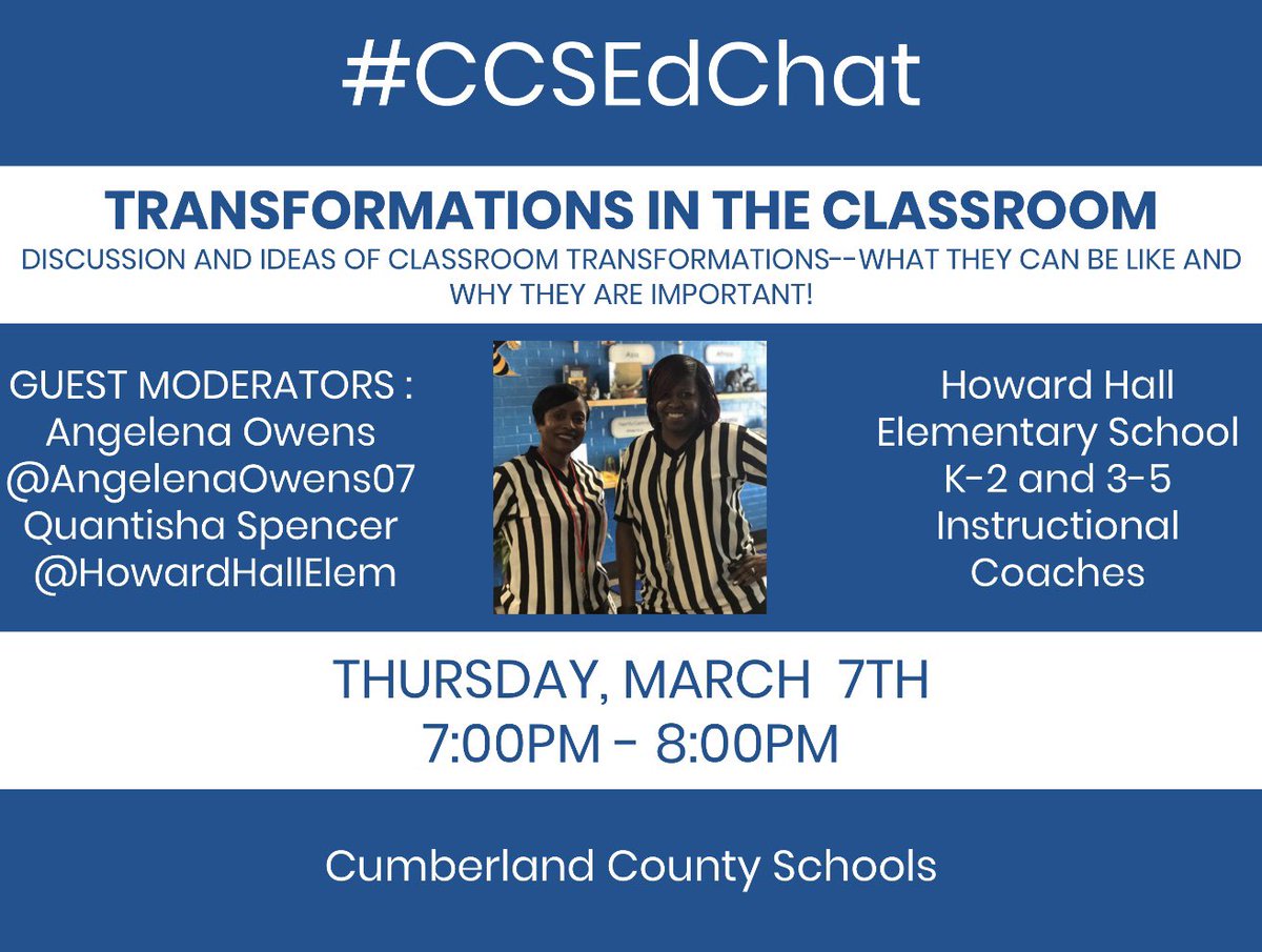 katye_smith's tweet image. It’s #moderatorspotlight Friday! We will have @HowardHallElem (Quantisha Spencer) and @angelenaowens07 hosting March’s #CCSEdChat! Angelena is Howard Hall’s K-2 IC and Quantisha is Howard Hall’s 3-5 IC! 

JOIN US 🌟 March 7th @ 7pm 🌟 to discuss classroom transformations!