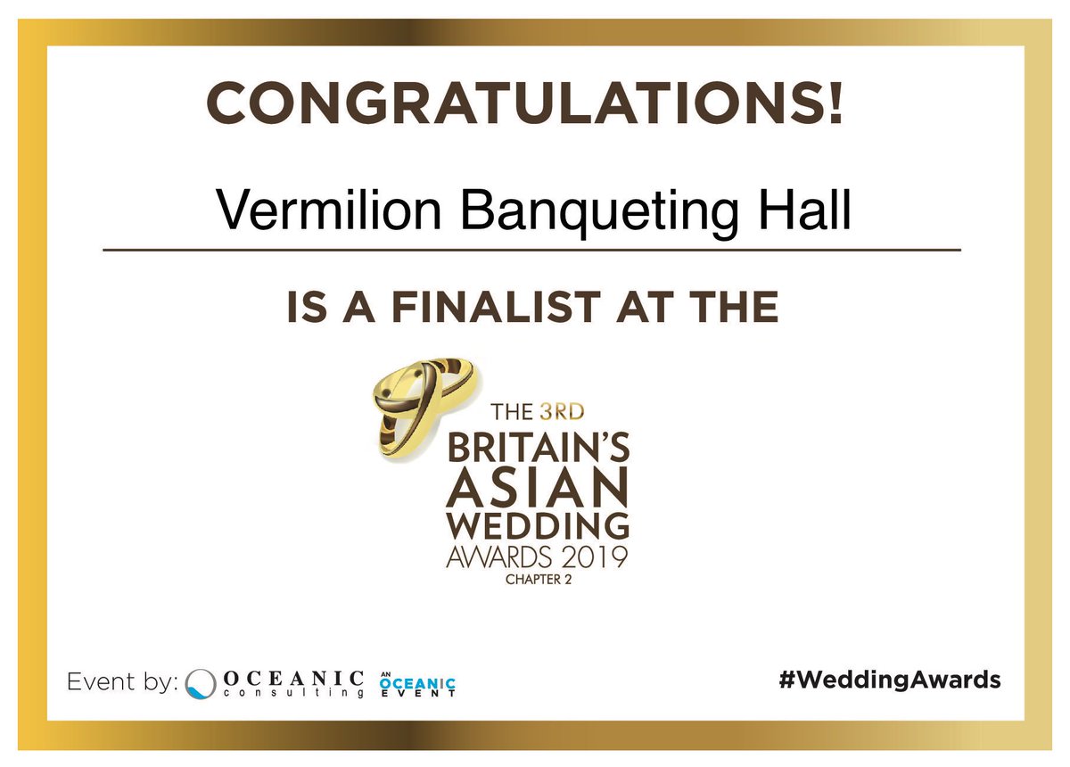 HospitalityWes's tweet photo. Proud to be a finalist for Banqueting Hall of the Year @vermilionuk - we have had thousands of happy guests enter our suites over the past 2 years. #events #eventprofs #weddings #BAWA2019 #finalists #AsianWeddings https://t.co/ITBs7muhRi