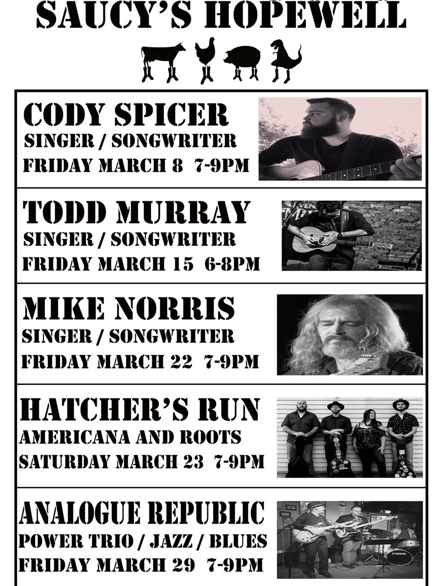 March Music LineUp at Saucy’s Hopewell!