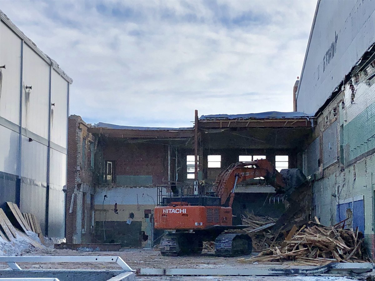 RoderLorne's tweet image. I had a chance to see the demolition of the old site of Royal Aviation Museum of Western Canada (formerly WCAM) from “air side”.  1./ the office space is half gone.  2./ you can see through the building since the Bush Plane Gallery is gone.  3./ Library &amp;amp; Archives is ALL gone.