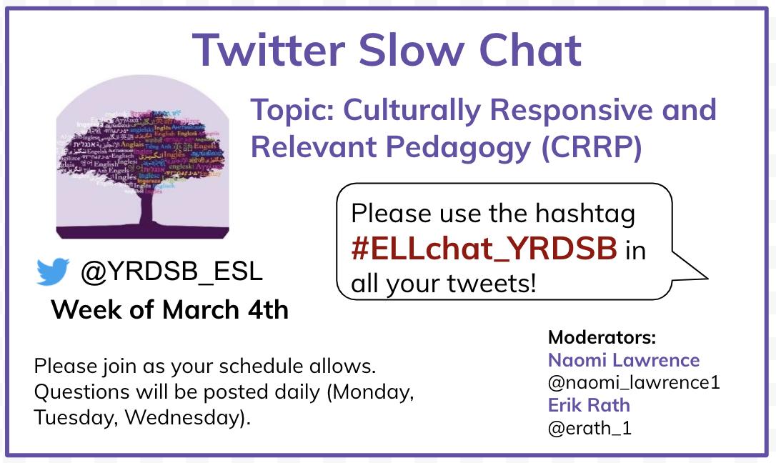 It's that time of the month again! Join our March Slow Chat #ELLChat_YRDSB starting next week! <a href="/YRDSB_ESL/">Supporting ELLs @YR</a>