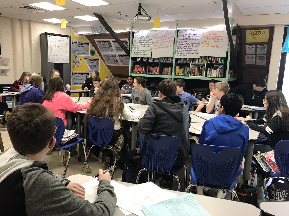 Students in 8th grade Language Arts are participating in a Socratic Circle today. They are synthesizing multiple different texts, sharing opinions, and engaging in collegial conversations.#EveryBrave #OneTeamFCS