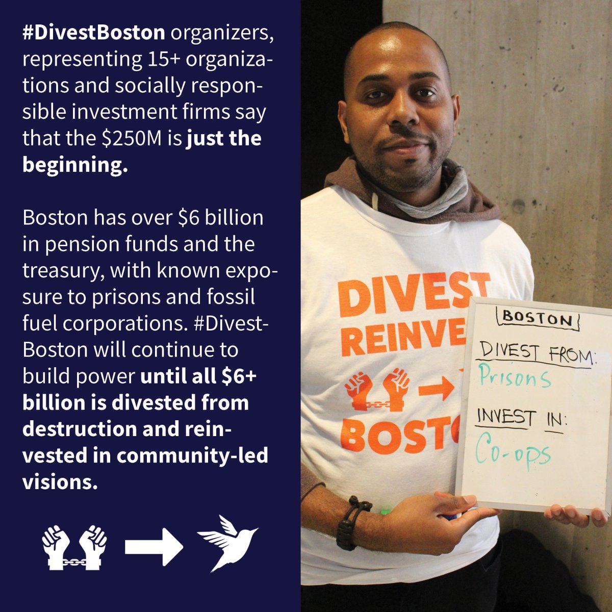 VICTORY: Boston Reinvests $250 Million, led by OUR COMMUNITY. Celebrate and build with us 'til we fully #DivestBoston 

Check out Boston's announcement: bostonherald.com …/city-of-boston-will-commit-150m-to-…/
Check out our press release and more: bit.ly/ReinvestBoston