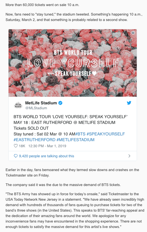 agirlinthepark's tweet photo. "The BTS Army has showed up in force for today’s onsale...This speaks to BTS' far-reaching appeal & the dedication of their amazing fans around the world. There are not enough tickets to satisfy the massive demand for this artist’s live shows" https://t.co/8UOUziomXY https://t.co/M8MSGkP5A4