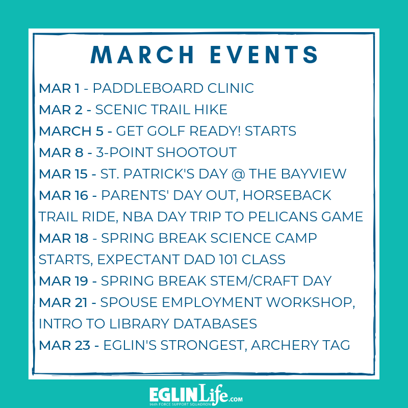 eglinlife's tweet photo. We've got a lot of great events happening in March! Check out https://t.co/Mni6N0uMyj for more info!
#eglinlife #eglinafb #96fss #thingstodoindestin #grandslamsupport https://t.co/AFTHZMZww4