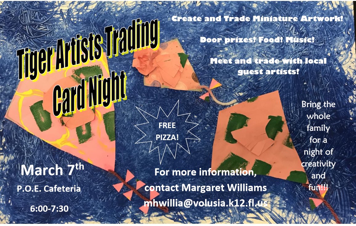 Port Orange Elementary’s Artist Trading Card night is less than a week away!  Come join in the fun! March 7th, 6-7:30
<a href="/PortOrangeVCS/">@PortOrangeVCS</a> #BelieveIn180 <a href="/volusiaschools/">Volusia County Schools</a>
