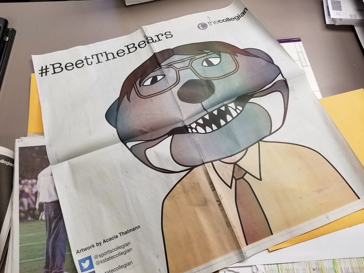 byRafaelGarcia's tweet photo. Maybe the best illustration we've had in the @kstatecollegian, courtesy Acacia Thalmann. Check it out in the student section at tomorrow's #KStateMBB game 
#BeetTheBears https://t.co/sFeX5aNxvm