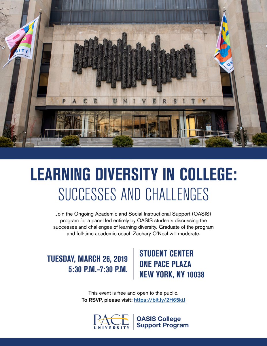 OASISatPace's tweet photo. Join @OASISatPace Tuesday March 26th for a panel led entirely by OASIS students discussing the successes &amp; challenges of learning diversity.

Students will share effective strategies to promote success in post-secondary education.

Please register here:  : https://t.co/QlYapAuTsf https://t.co/fjMEzmCuD9