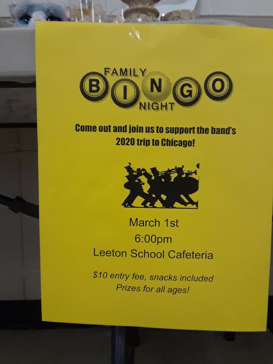 LewisBandTeach's tweet photo. Don't forget to come on out to the Leeton Band Program's Bingo Night tonight at 6pm in the school cafeteria. All proceeds will go towards their 2020 trip to Chicago. https://t.co/IQvzAKzzqK