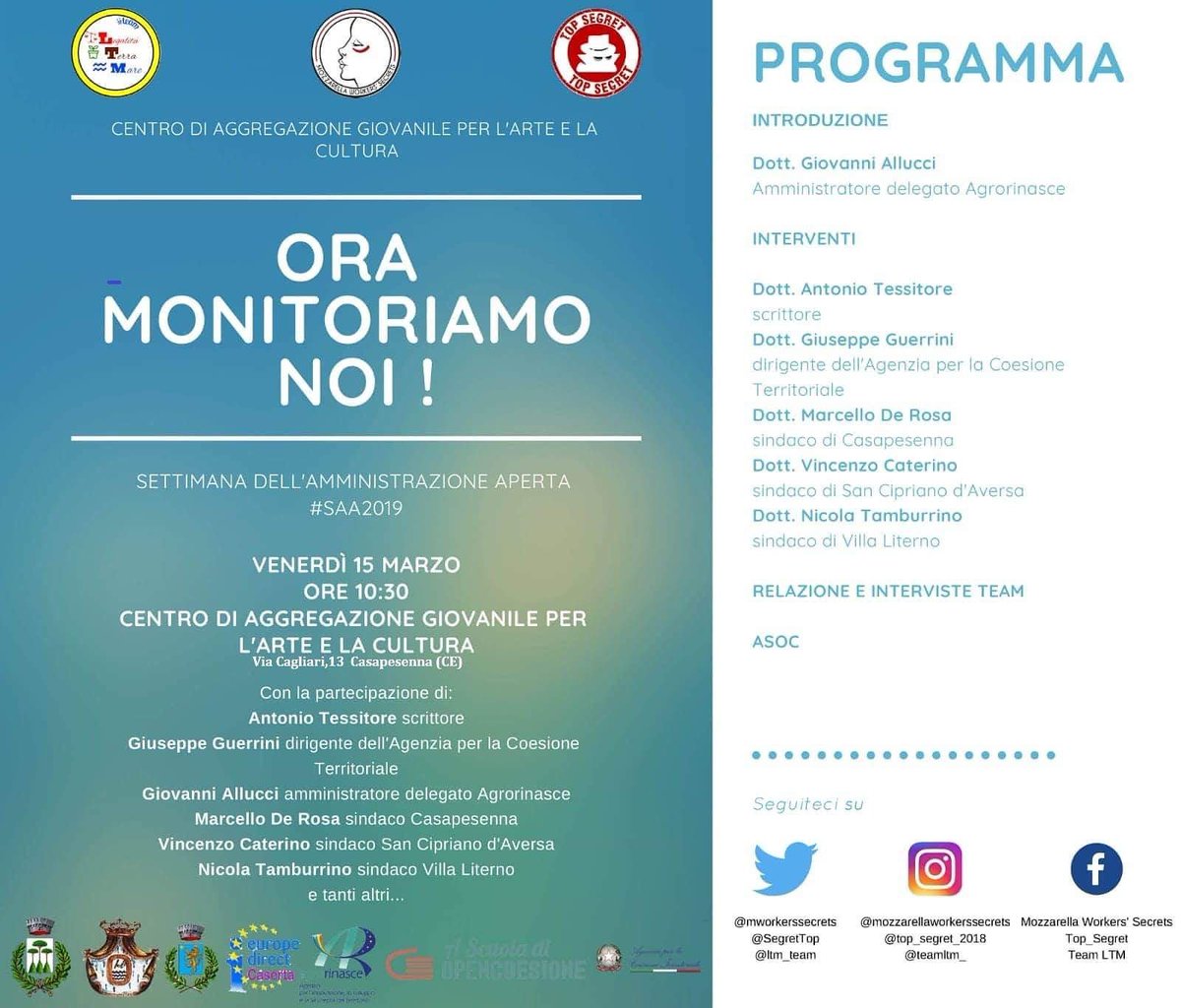 mworkerssecrets's tweet photo. Il team "Mozzarella Workers' Secret" vi invita all'evento, che si terrà presso il centro di aggregazione giovanile per l'arte e la cultura di Casapesenna, in collaborazione con @ltm_team e @SegretTop 
#asoc1819 #europedirect #saa2019 #mozzarellaworkerssecrets https://t.co/NvEoDEMY7e