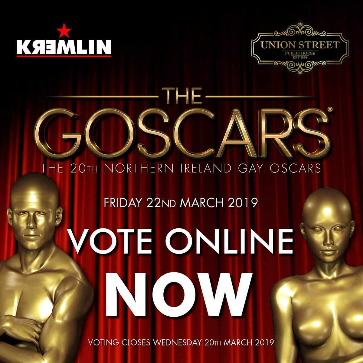 ⚜️VOTING NOW OPEN!⚜️
⚜️ THE 20TH GOSCARS ⚜️
We're celebrating 20 years of the Northern Ireland Gay Oscars on Friday 22nd March 2019
For the first time YOU can vote for your winners ONLINE at 
esurveyspro.com/Survey.aspx?id…
