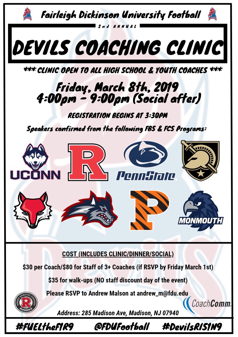 FDUFootball's tweet photo. RSVP BY TONIGHT FOR STAFF DISCOUNT TO OUR CLINIC!

📱 RSVP: Andrew_M@fdu.edu

📆 Fri March 8 

📍 285 Madison Ave, Madison, NJ

💰 $30; $80/Staff of 3+ 

✅ Speakers from PENN STATE, RUTGERS, ARMY, UCONN, STONY BROOK, PRINCETON, MONMOUTH, MARIST, &amp; FDU

#DevilsRIS1N9 #FUELtheF1R9 https://t.co/Baun3kwIW4