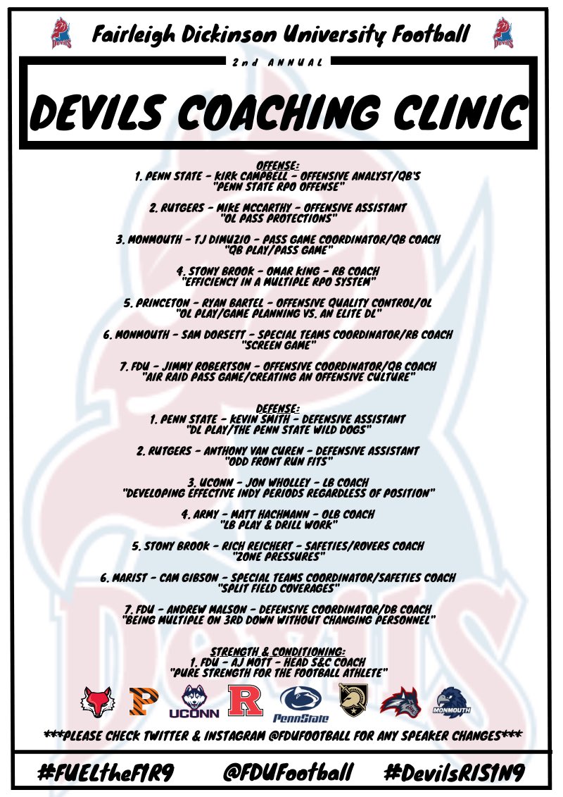 FDUFootball's tweet photo. RSVP BY TONIGHT FOR STAFF DISCOUNT TO OUR CLINIC!

📱 RSVP: Andrew_M@fdu.edu

📆 Fri March 8 

📍 285 Madison Ave, Madison, NJ

💰 $30; $80/Staff of 3+ 

✅ Speakers from PENN STATE, RUTGERS, ARMY, UCONN, STONY BROOK, PRINCETON, MONMOUTH, MARIST, &amp; FDU

#DevilsRIS1N9 #FUELtheF1R9 https://t.co/Baun3kwIW4