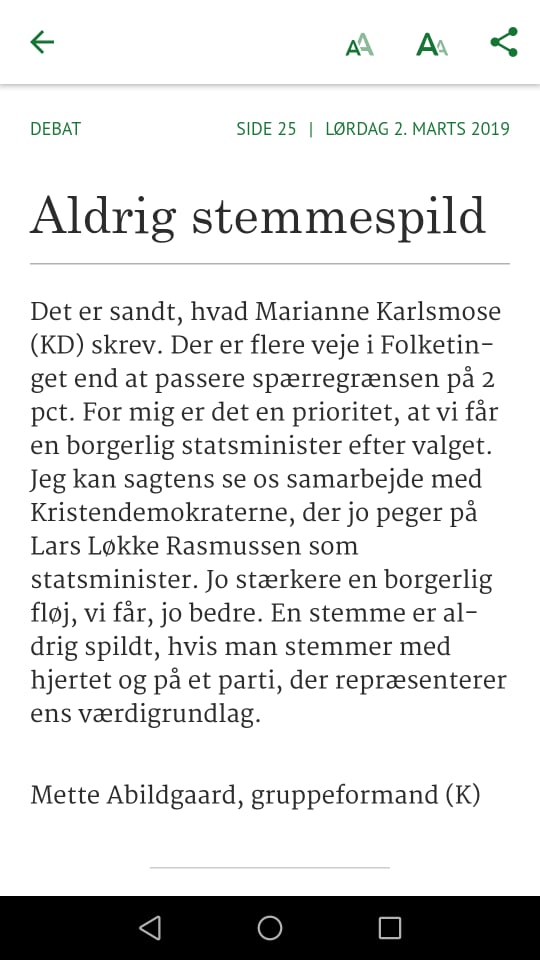 Tak Mette Abildgaard (C) <a href="/metteabildgaard/">Mette Abildgaard</a> for dit svar til mig i Jyllandsposten i dag. En stemme er aldrig spildt i et demokrati. 
#kdsejr