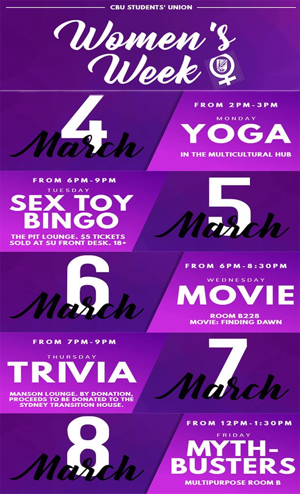 The CBUSU Women's Centre is hosting Women's Week from March 4th-8th💜
•
Check out some cool events happening throughout the week below⬇️⬇️⬇️
