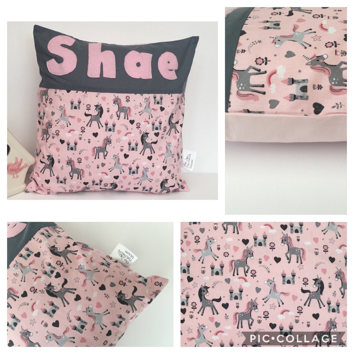 Lots of personalised cushions available from the Patchwork Mouse 🐭 #PersonalisedGifts #personalisedcushions #getyourcraftpageseen #handmadeaccessory #unicorn #kidsroom