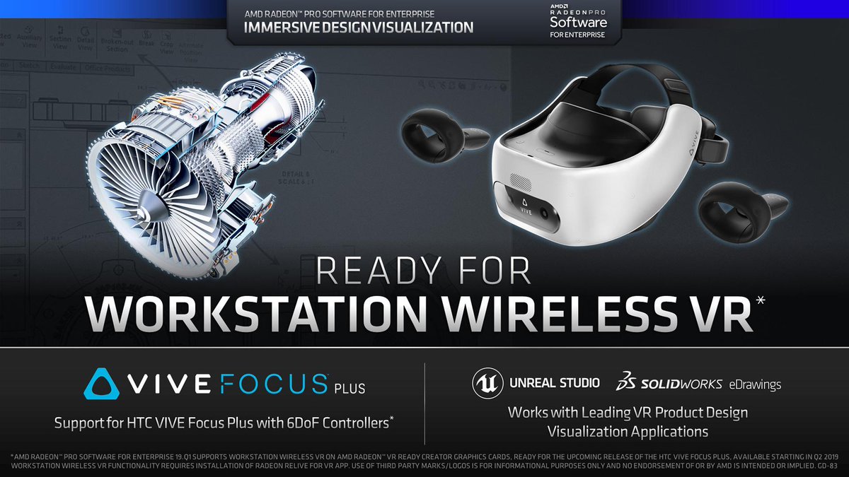 RadeonPRO's tweet image. We’re thrilled to announce that our Radeon Pro Software for Enterprise 19.Q1 driver is ready to enable wireless #VR product design visualization using the recently announced @htcvive #HTCVIVEFocusPlus standalone headset that includes 6DoF controllers. bit.ly/2En2OSa